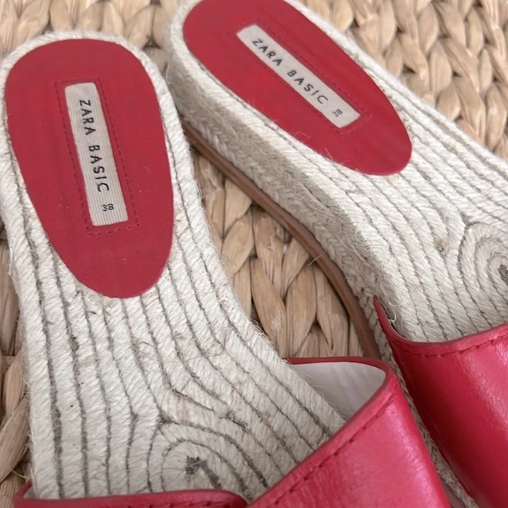 Women's ZARA Basic Red Leather Espadrlle‎ Buckle Flat Sandals Slides sz 8.5 - 39